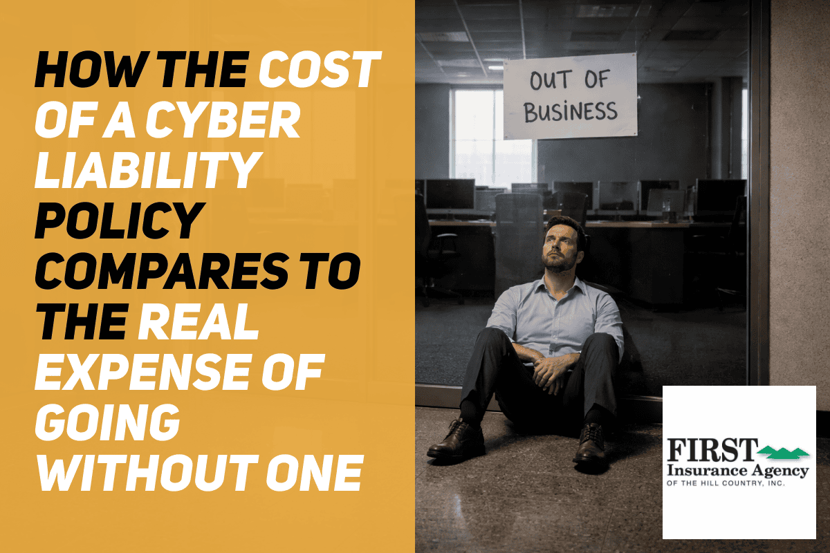 Young business owner sitting on the lobby floor outside his dark, empty office, back against the glass wall, "Out of Business" sign taped to the glass above him.
