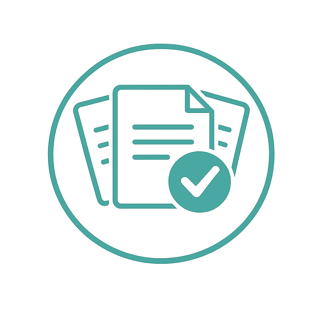 Three policy documents fanned like cards with a checkmark badge on the front document.