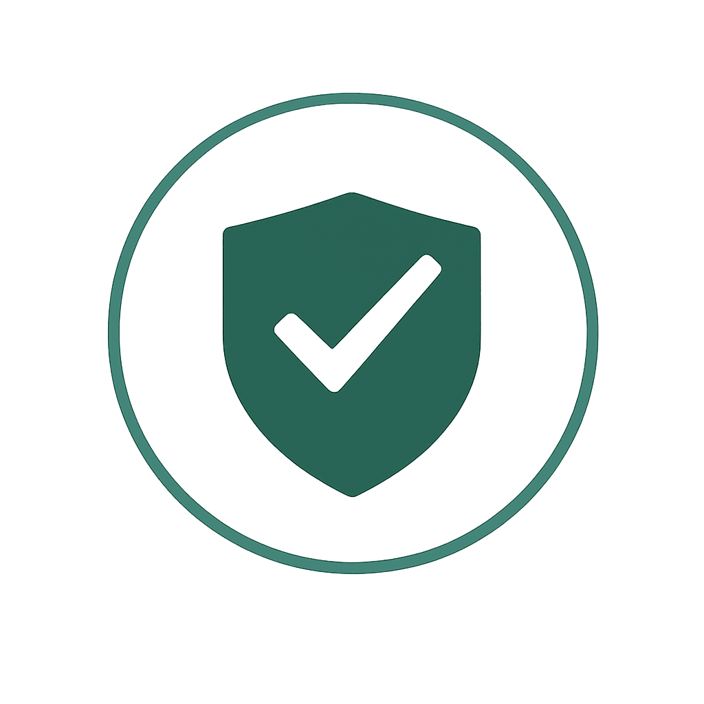 A shield with a bold white checkmark centered inside a circle.