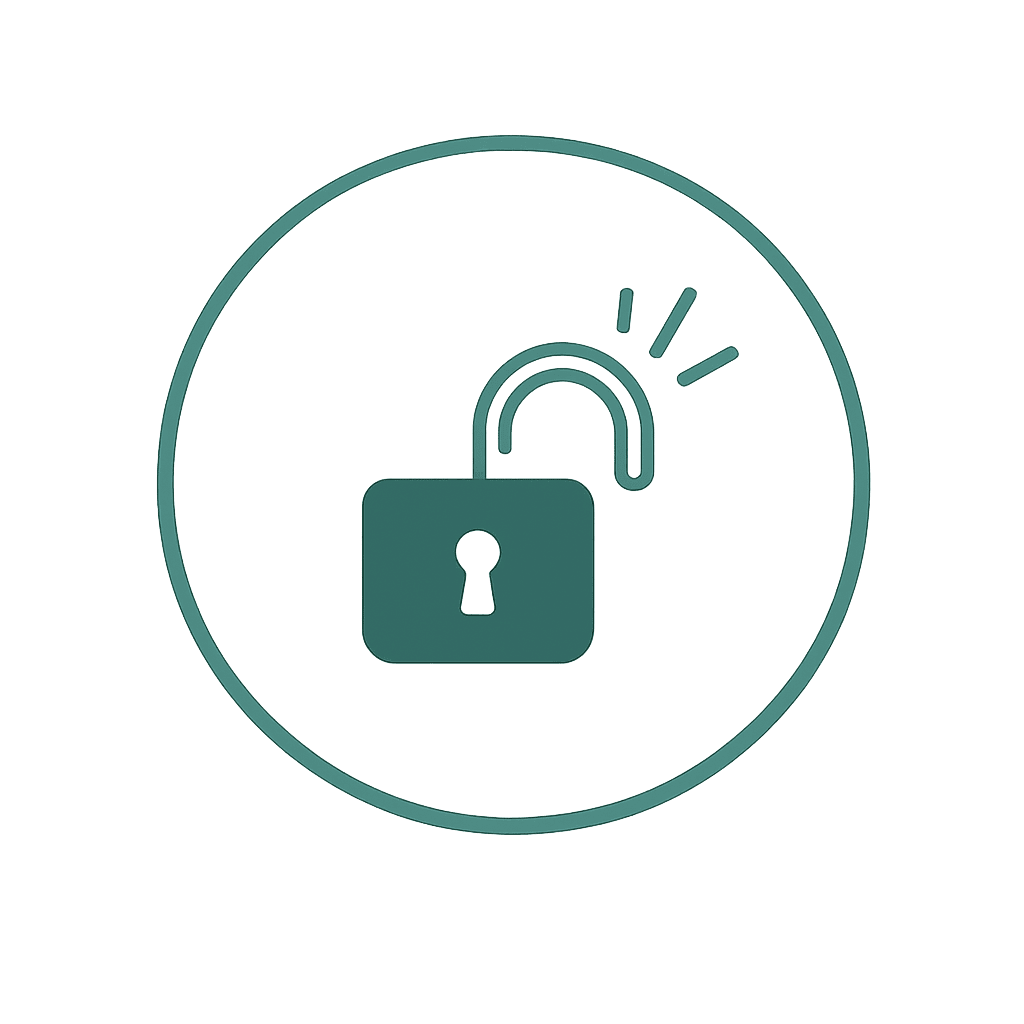 An open padlock with three lines radiating outward from the open shackle.