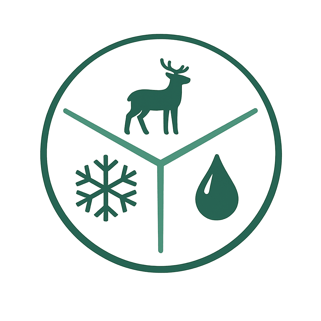 A circle divided into three zones by radiating lines, each containing a Hill Country hazard symbol -- deer, hail, and water droplet.