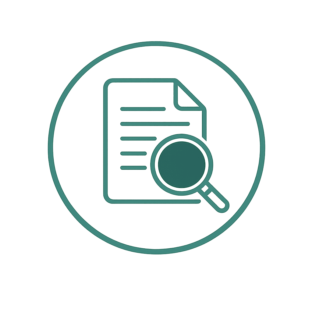 A document with five content lines and a magnifying glass overlapping the lower half.