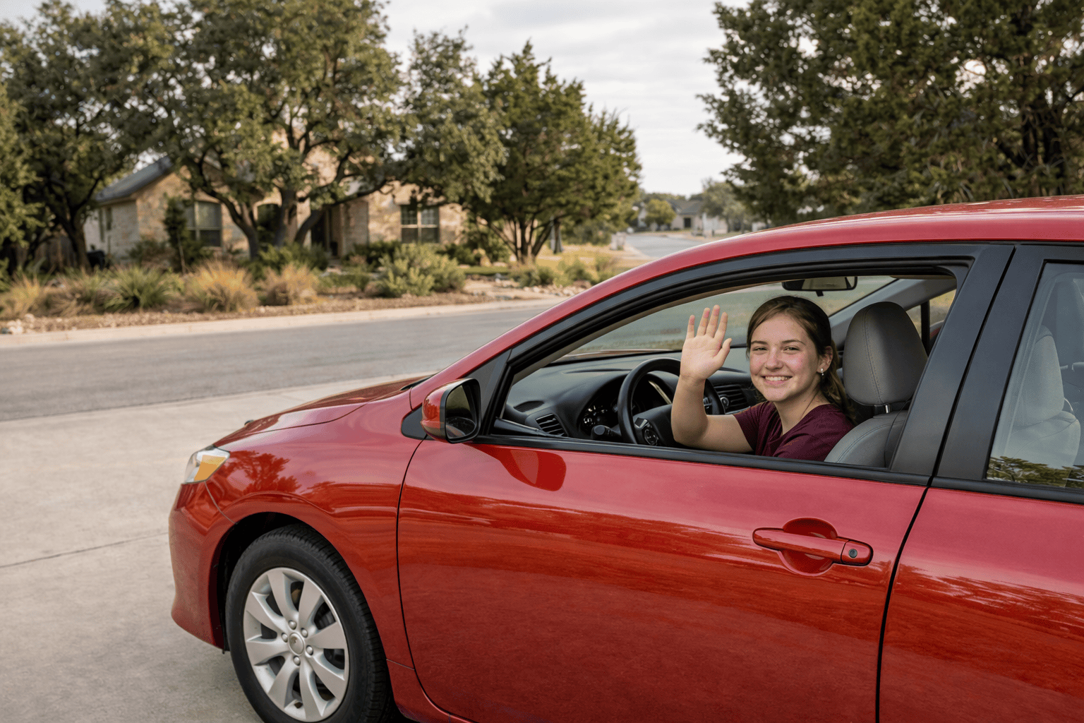 kerrville-teen-driver-residential-street-first-solo A teenage girl in a small red sedan in a Hill Country driveway, smiling toward the camera just before driving off alone.